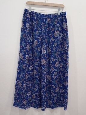 Janasya Blue Floral Print Wide Leg Elastic Waist Pants, Size L